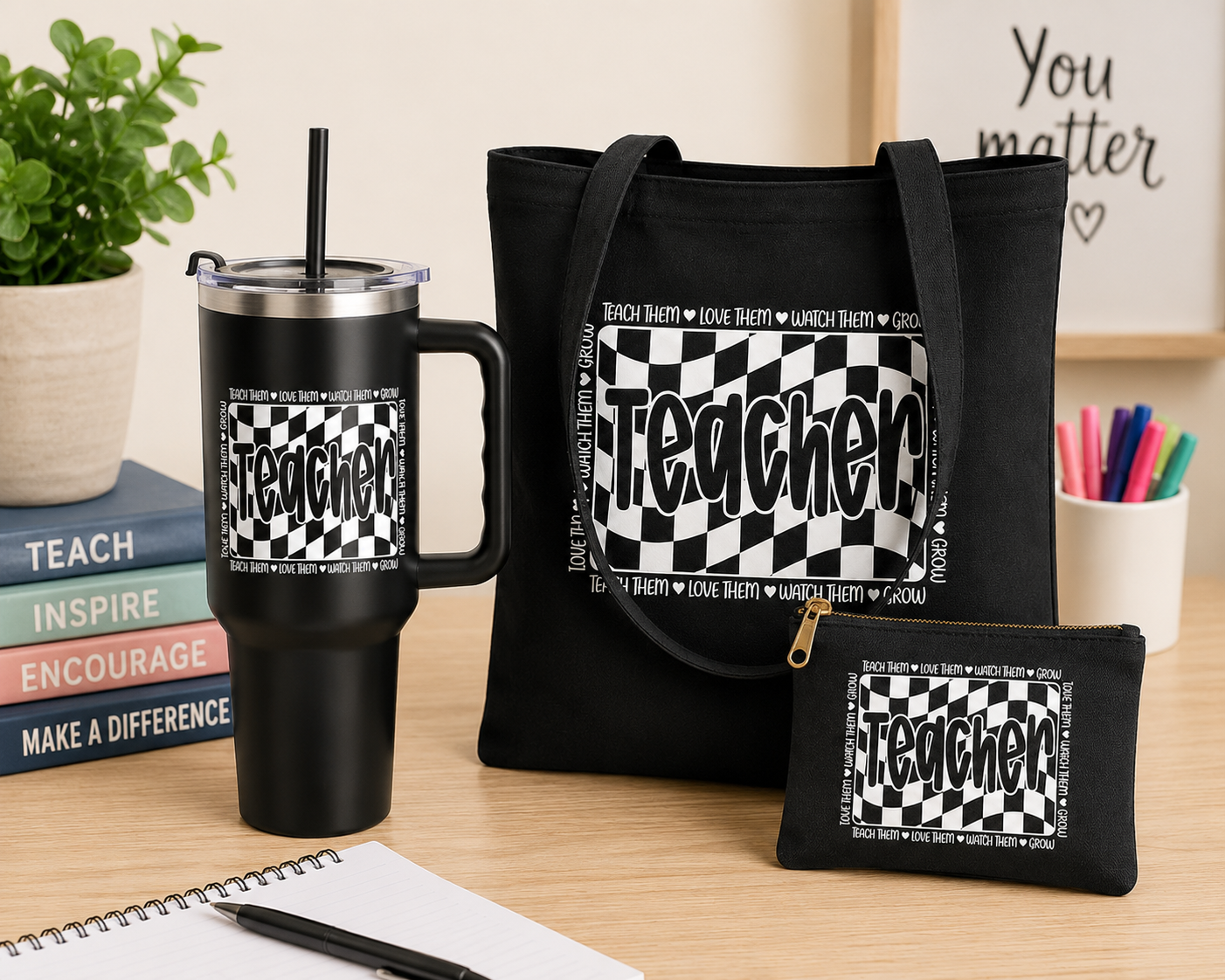 Canvas Tote Bags & Water Tumbler - "Teach Them, Love Them, Watch Them Grow"
