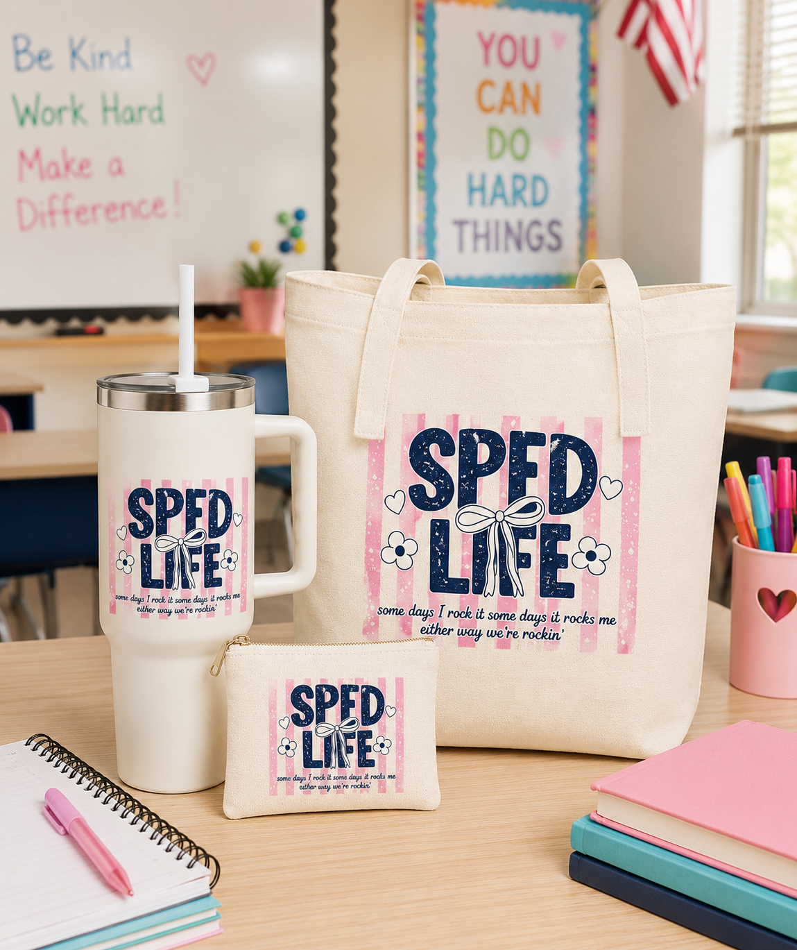 Canvas Tote Bags & Water Tumbler - SPED Life "Some Days I Rock It, Some Days It Rocks Me"