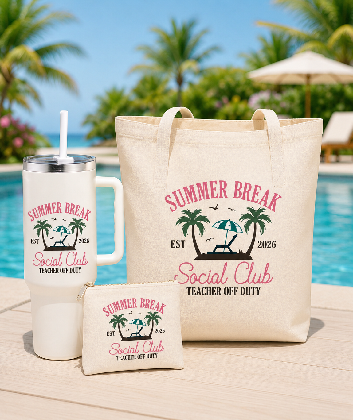 Canvas Tote Bags & Water Tumbler - "Summer Break Social Club"